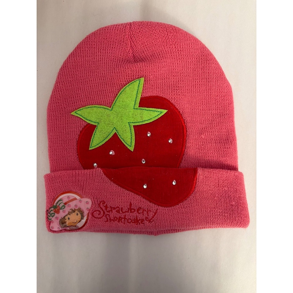 Strawberry Shortcake Beanie Girls One Size Pink Rhinestone Knit Hat Retro Y2K